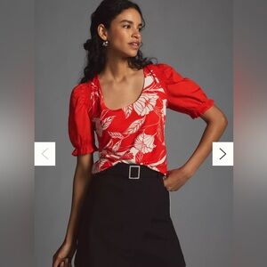 Maeve by anthropology feminine style floral Woven Puff-Sleeve Top size XL